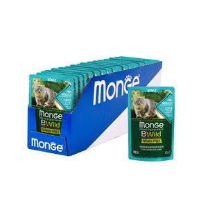 MONGE CAT GRILL POUCH BWILD Adult Merluzzo vegetables - Консервированный корм для котов с треской, креветками и овощами 85 гр.