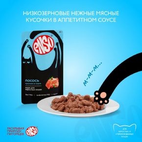 Корм влажный ENSO кусочки в соусе с лососем для взрослых кошек 85 г
